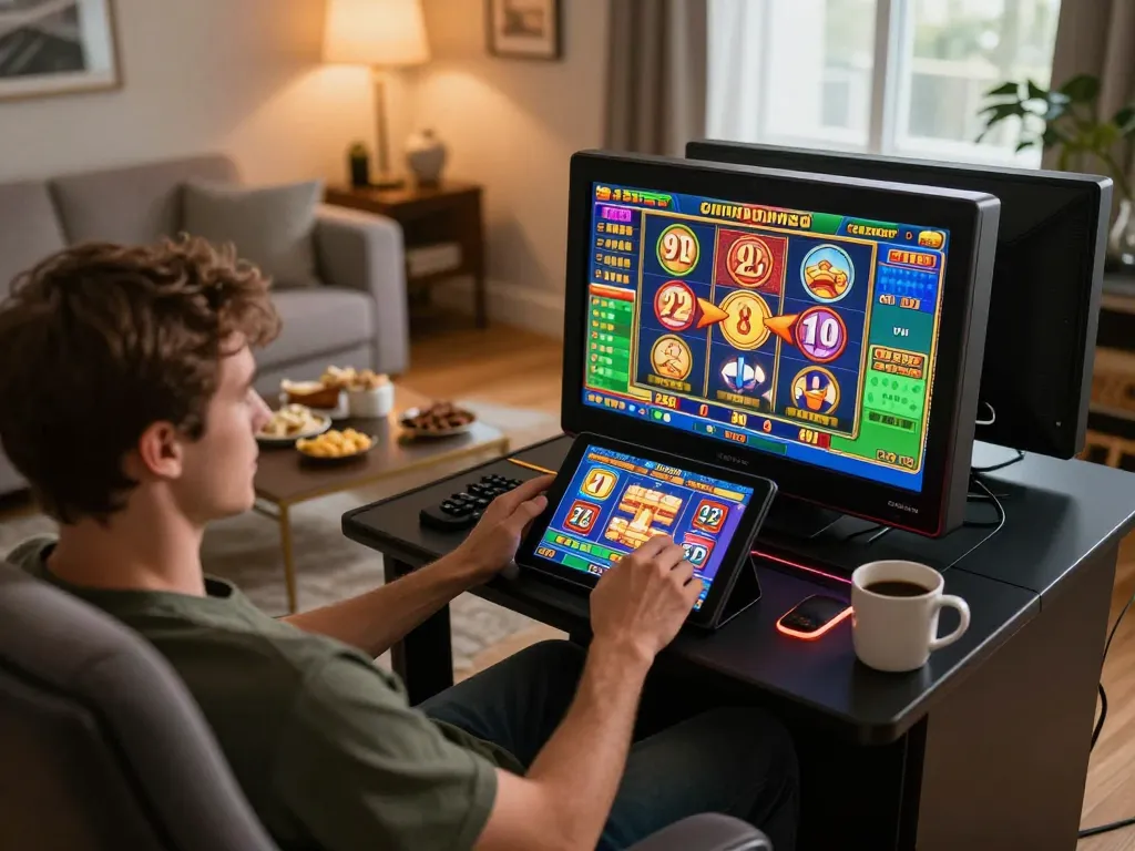 Player engaging with 92slot on tablet in a cozy online casino gaming setup.