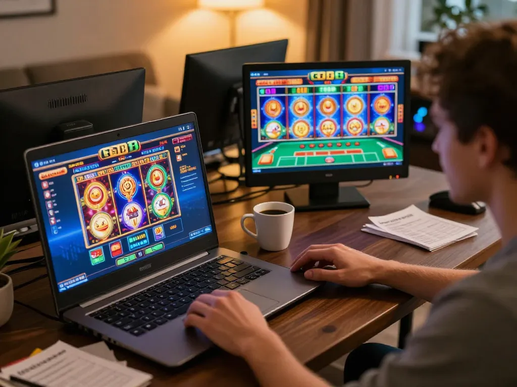 Player engaging in GO8 online gaming at home with laptop displaying casino games