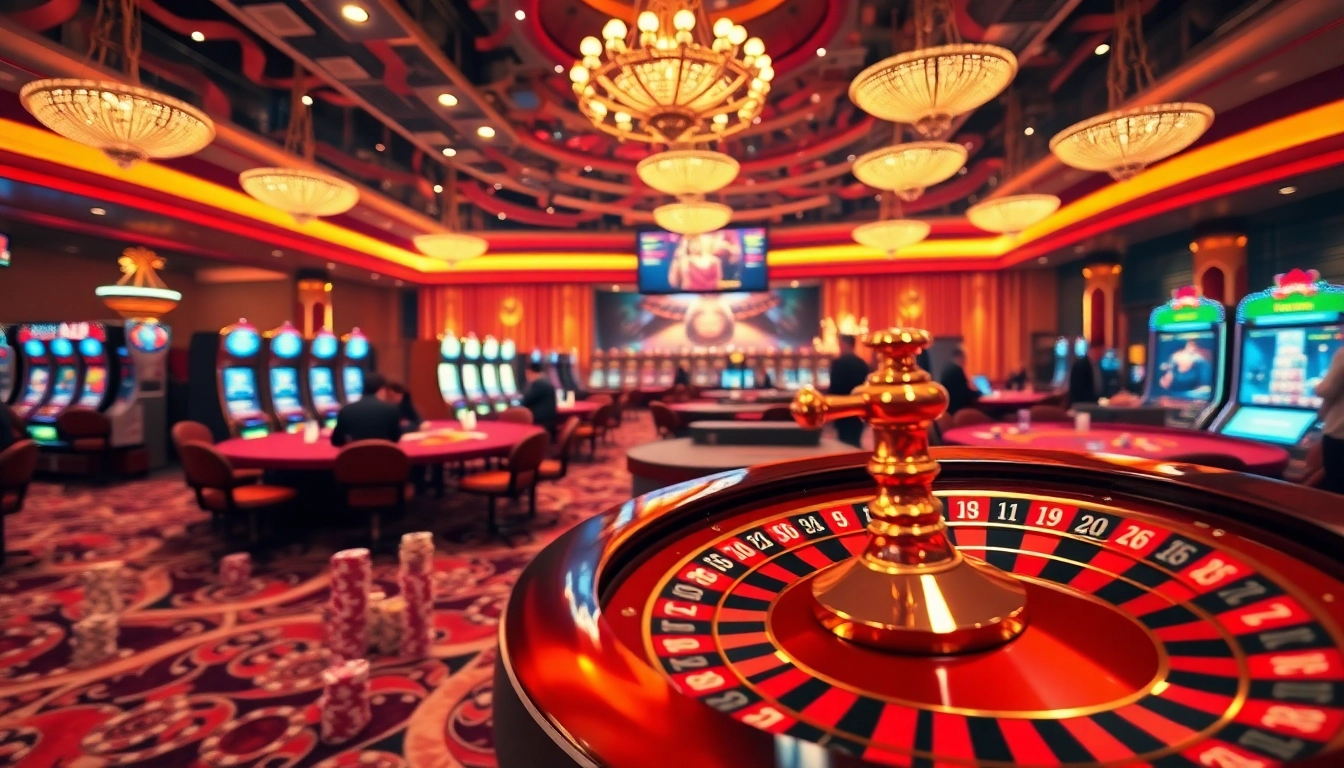 A thrilling gaming atmosphere at nhà cái F168 with sophisticated casino tables and exciting slot machines.