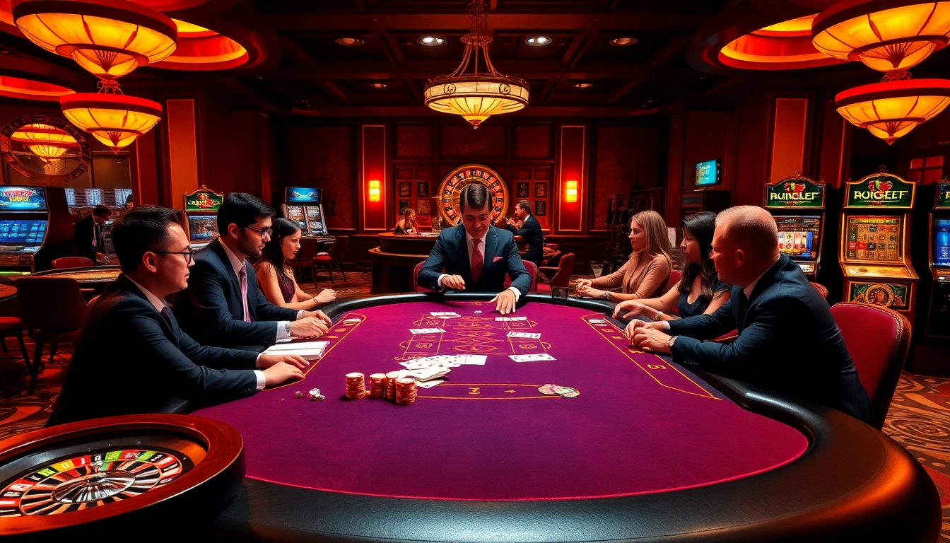 Experience exhilarating gameplay at Soibet ไทย with enthusiastic players at a poker table filled with chips and cards.