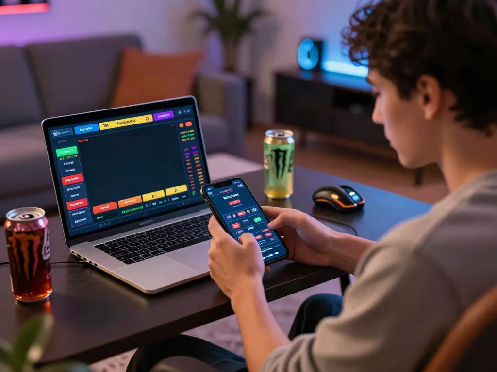 Engaged user enjoying da88 online gaming experience on mobile and laptop