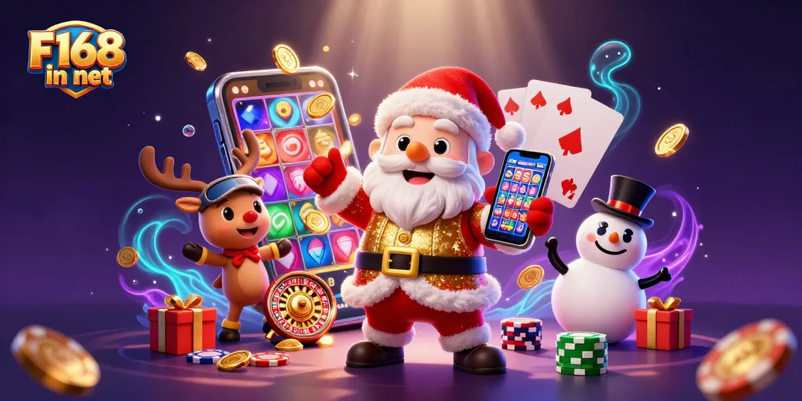 Experience excitement with F168 in net showcasing Santa and friends in a vibrant casino scene.