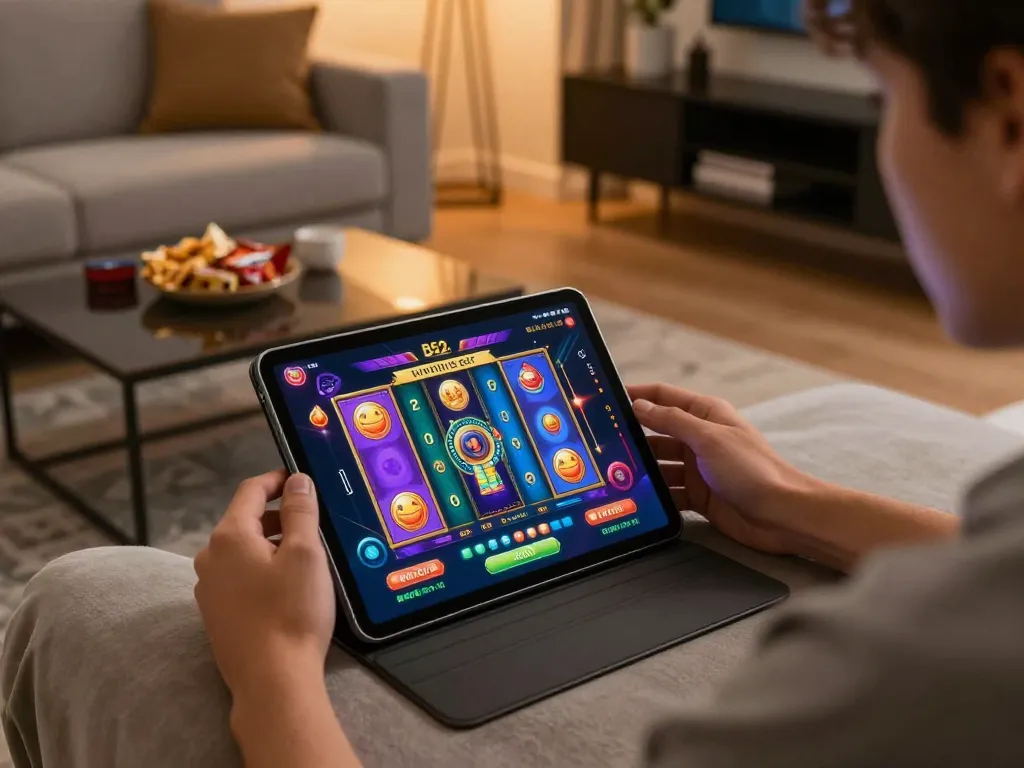 B52club player enjoying an exciting online slot game in a cozy home environment