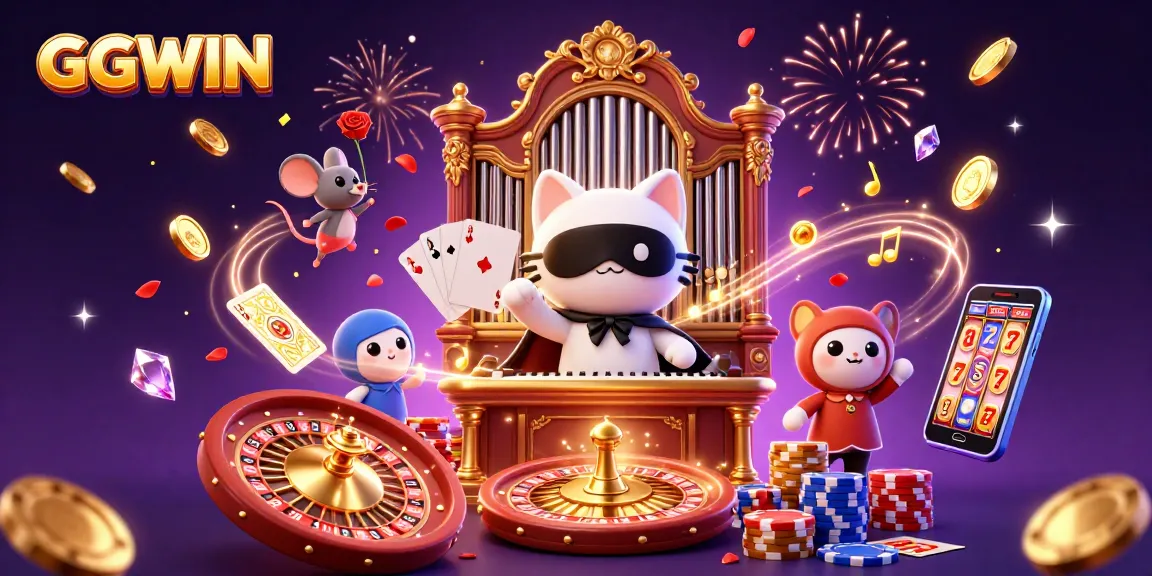 GGWIN's lively casino scene shows a white phantom cat, golden coins, and vibrant game elements.