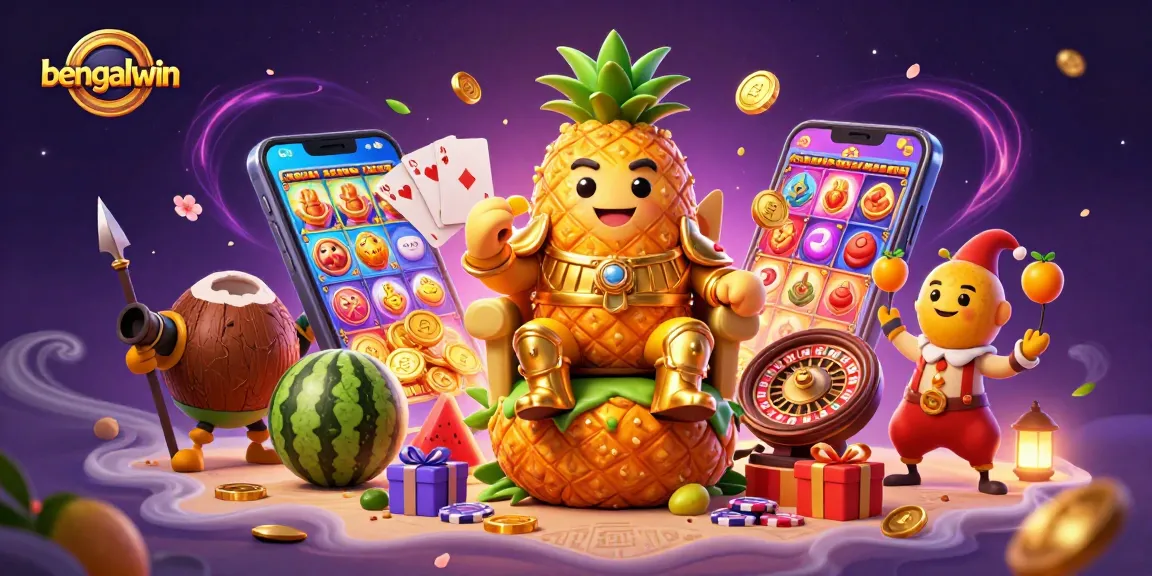 Join the fun at bengalwin, a vibrant casino illustration featuring a golden pineapple king and exciting game elements.