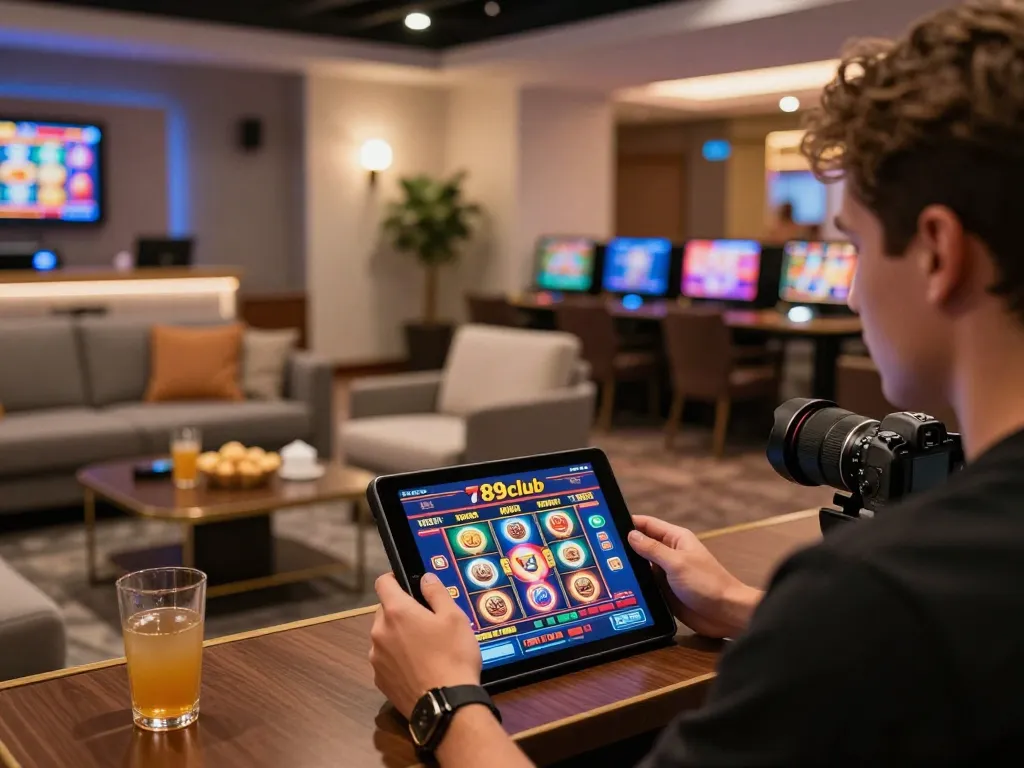 Engaged player exploring 789club gaming options on tablet device in cozy environment.