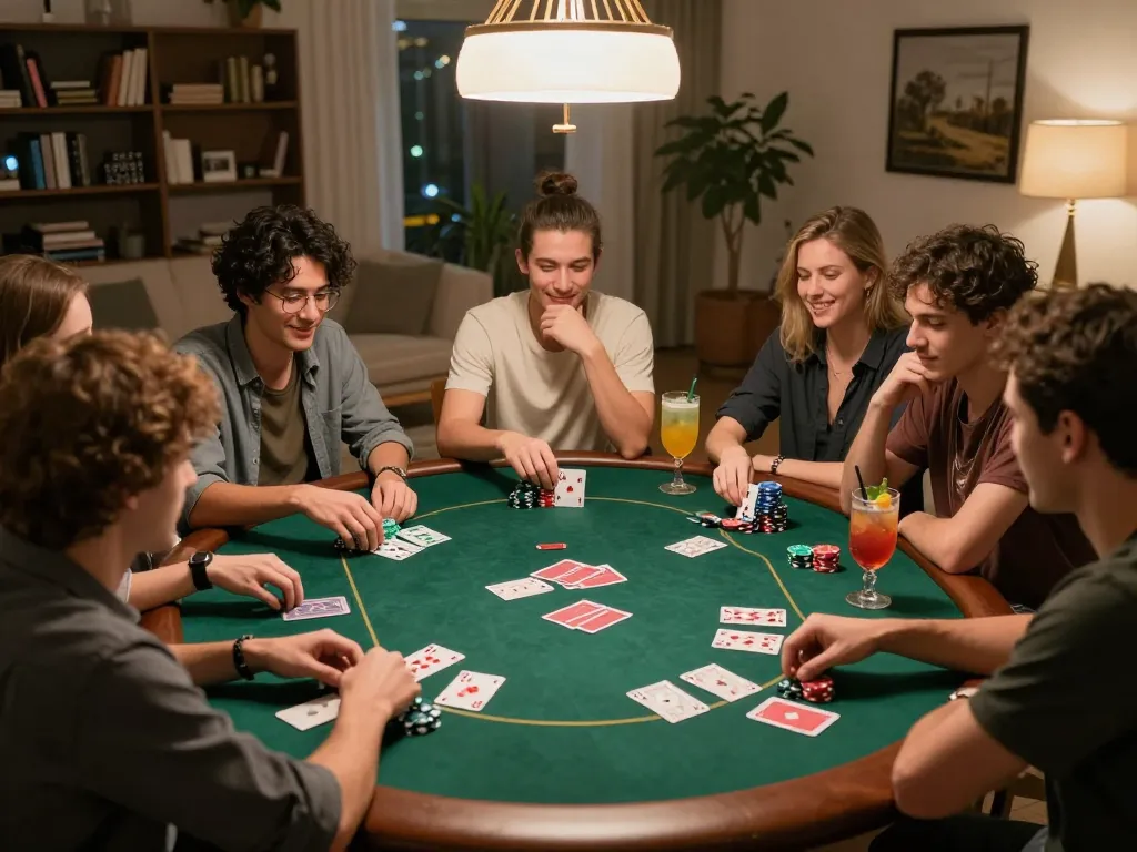 Engaging group of friends playing top game bài đổi thưởng poker in cozy home setting.
