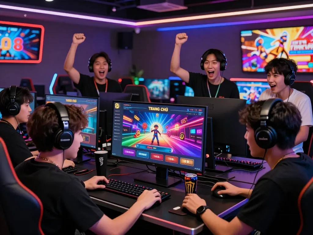 GO8 TRANG CHỦ gaming scene with excited players around vibrant casino interface, showcasing engagement and energy.