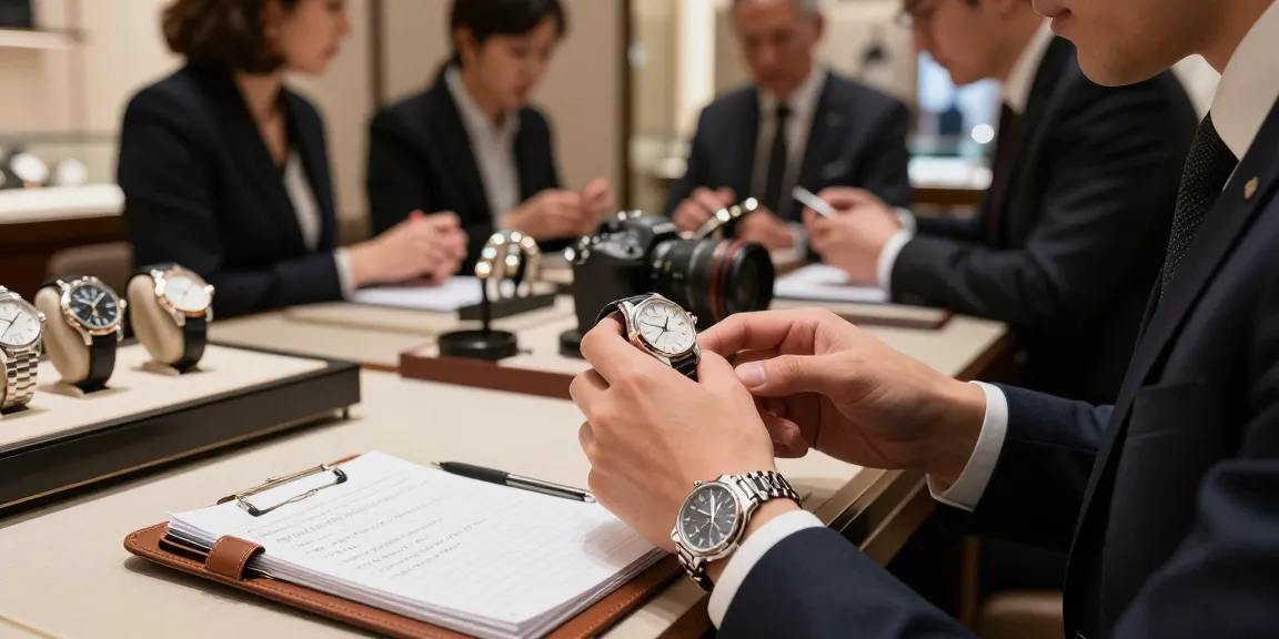 Examining high-quality replica watches in an upscale boutique setting.