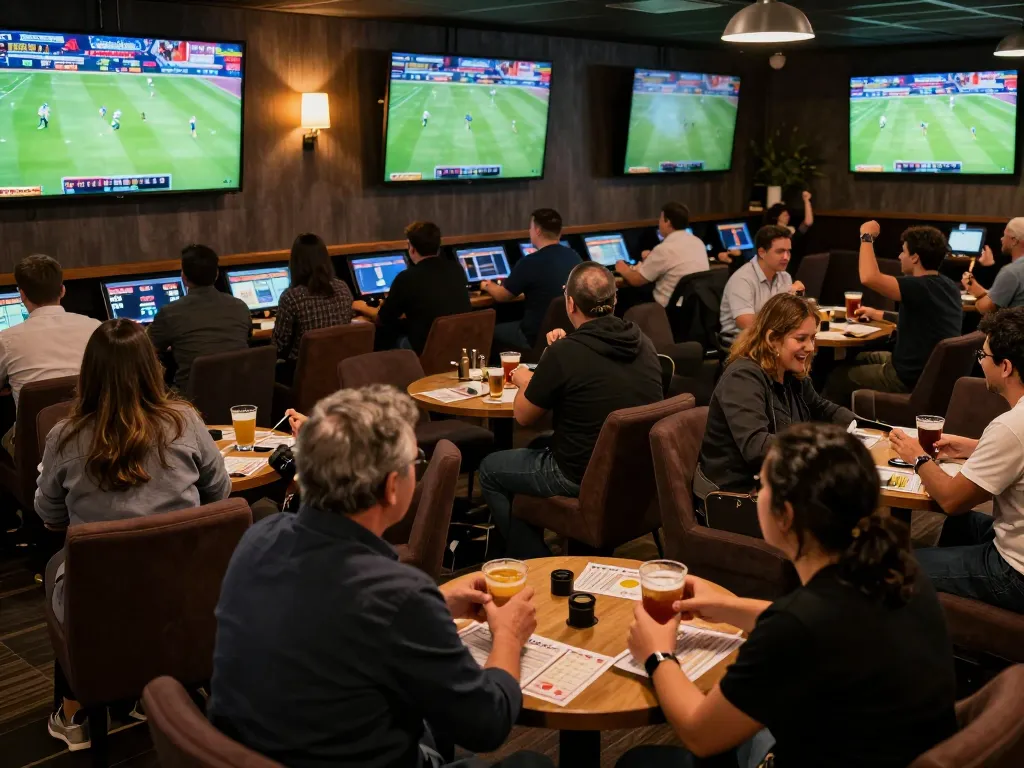 Tỷ Lệ Bóng Đá action in a vibrant sports betting lounge with fans cheering
