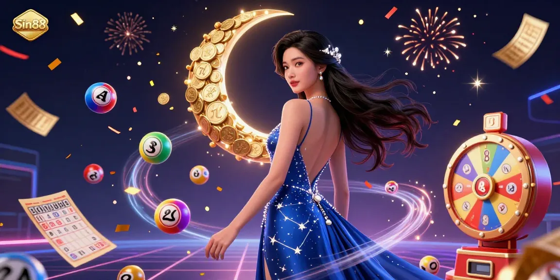 Engage in thrilling wins with Sin88 through a vibrant lottery-themed 3D illustration showcasing exciting gambling elements.