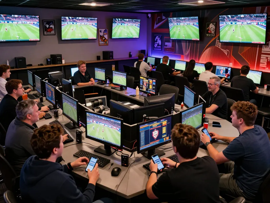 Engaged patrons placing bets on sports events at TA88's modern betting lounge, showcasing excitement and technology.