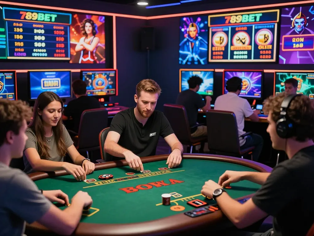 Dynamic scene of players enjoying various games at 789bet online platform, highlighting excitement and community in gambling.