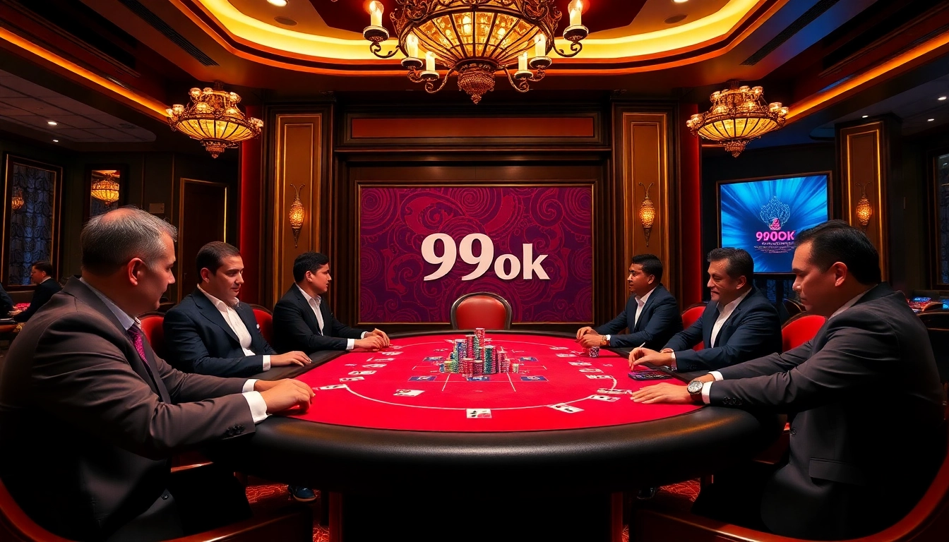 Players engaging at a 99ok poker table, showcasing excitement and strategic betting.