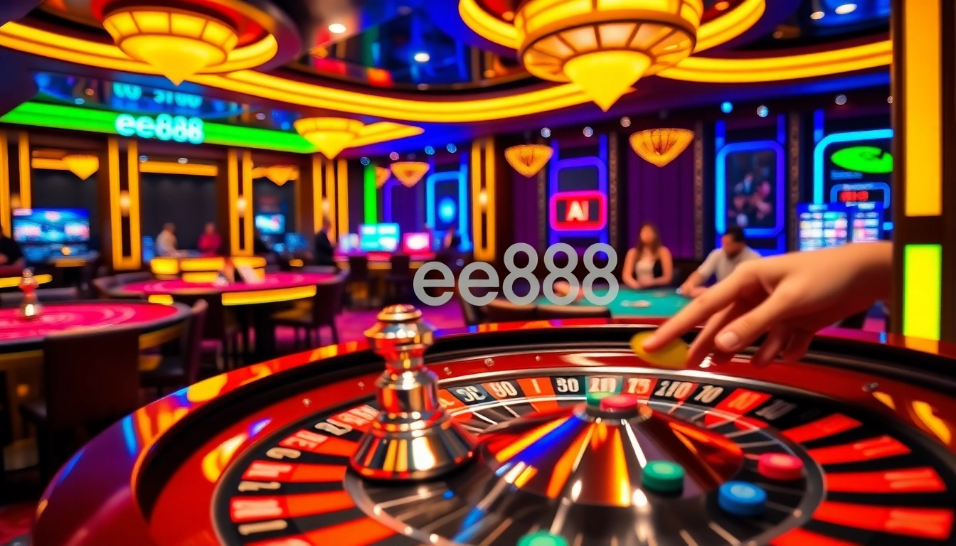 Experience the thrill of gambling at ee88 with a vibrant roulette table and engaged players.