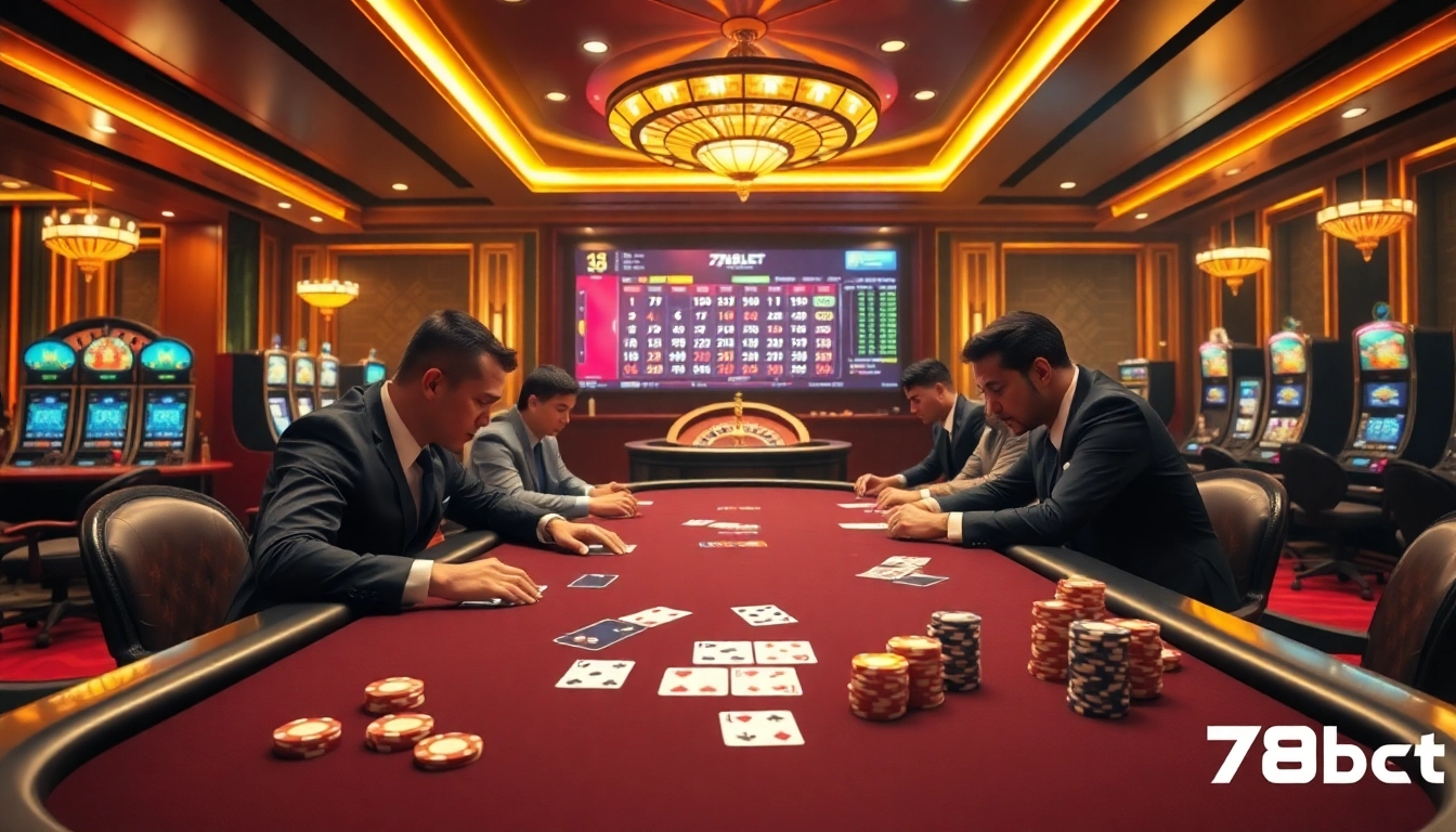 Exciting high-stakes poker game at nhà cái 789bet casino, showcasing vibrant chips and cards.