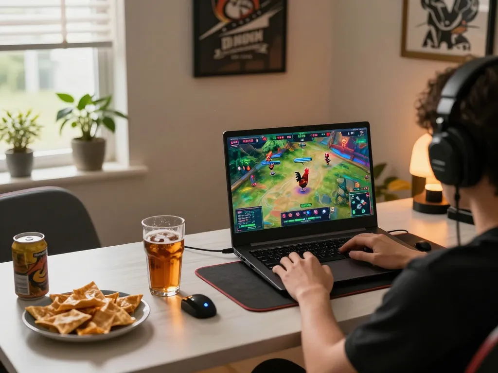 Engaging in Đá gà thomo live streaming with vibrant visuals on a laptop in a cozy gaming setup.