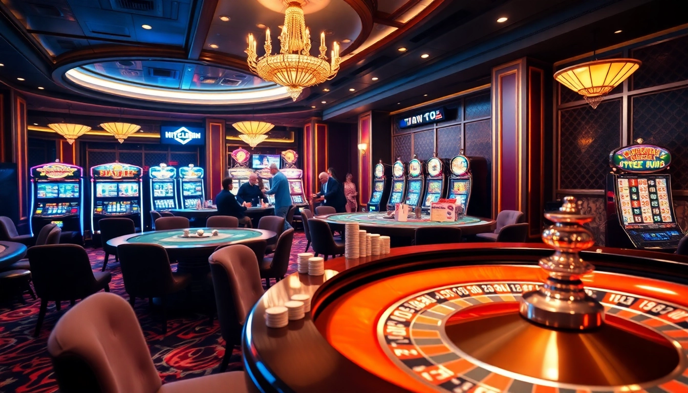 Hitclubbin casino scene featuring vibrant poker tables and colorful roulette wheels.