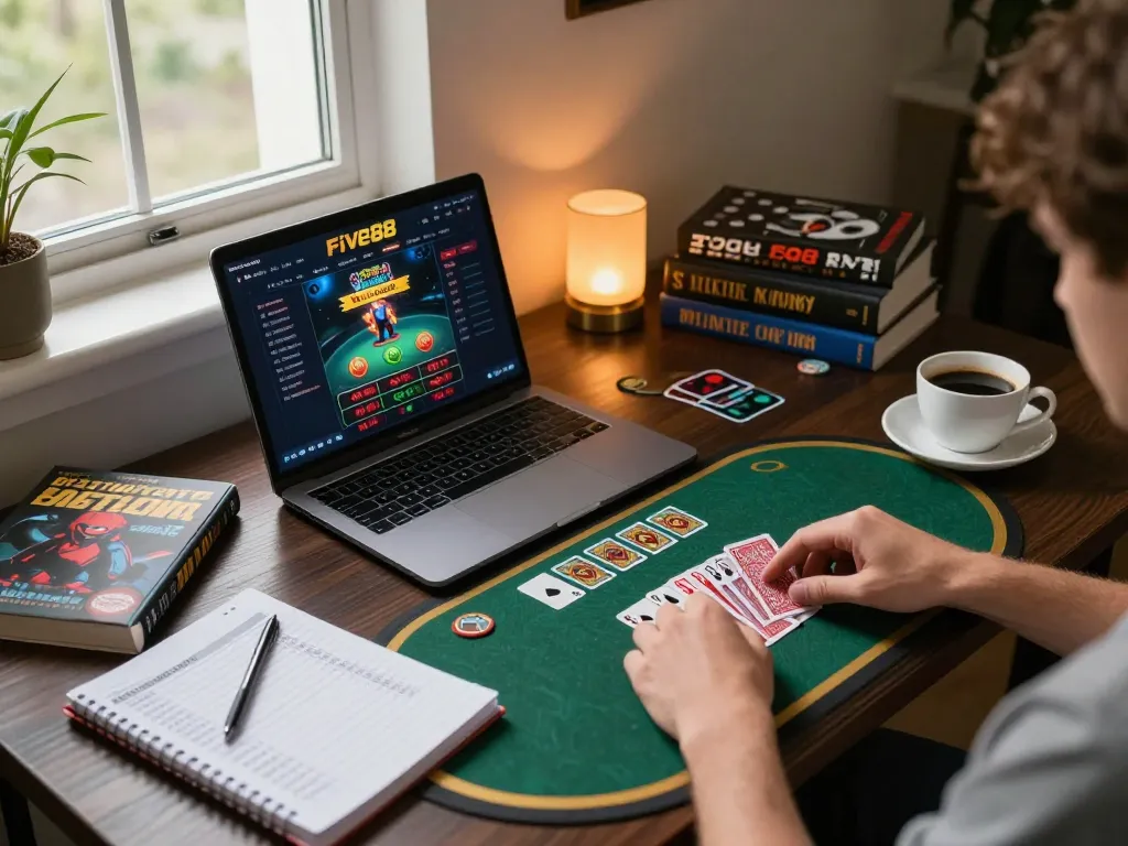 Engaging with five88 casino online through a laptop, showcasing a strategic gaming setup