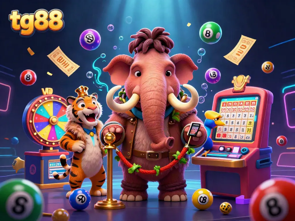 Engage with tg88's vibrant online casino world where cartoon characters bring lottery games to life.