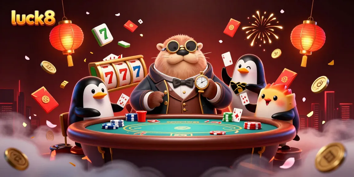 Experience gaming excitement at luck8 with a jolly walrus and friends at a lively poker table.