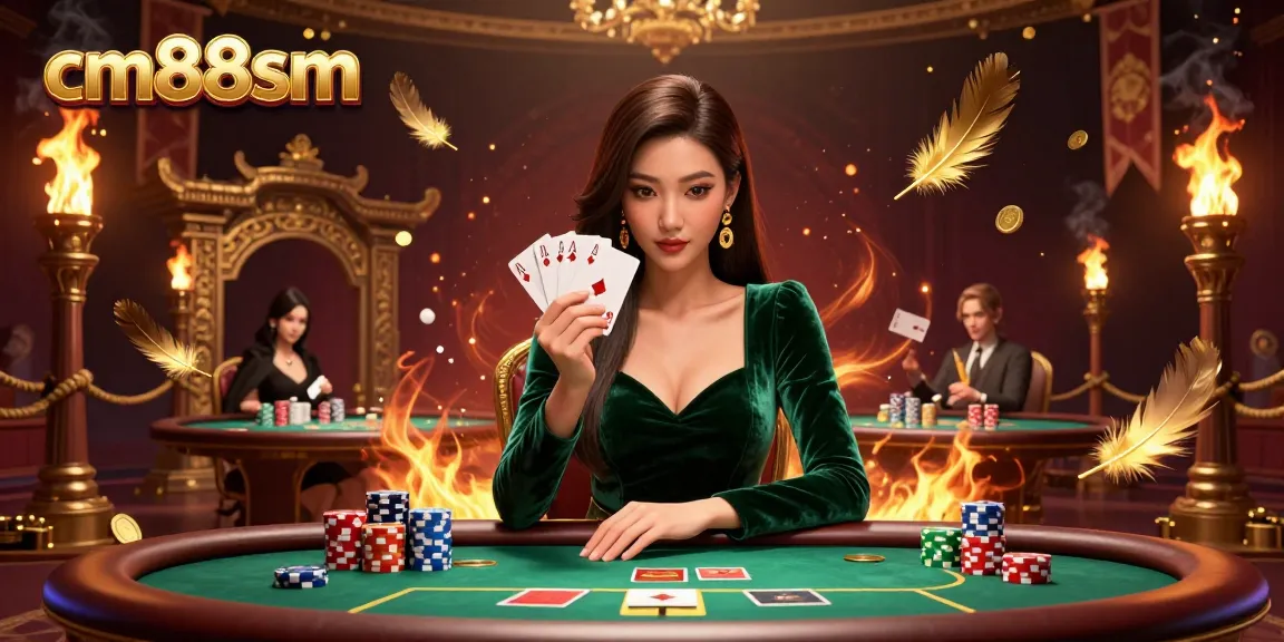 Engage in high-stakes poker with cm88sm, showcasing a stunning Asian woman in a vibrant casino setting.