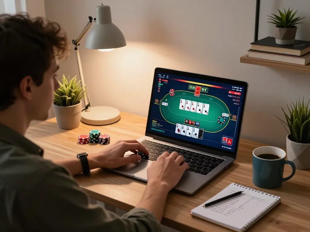 Engaging in online poker gameplay with SV88 on a laptop at home.
