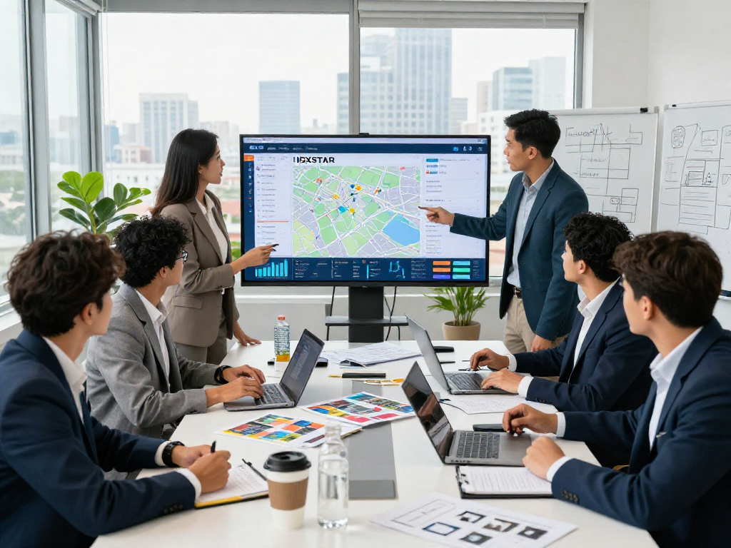 Team discussing IDXSTAR properties in a modern real estate office