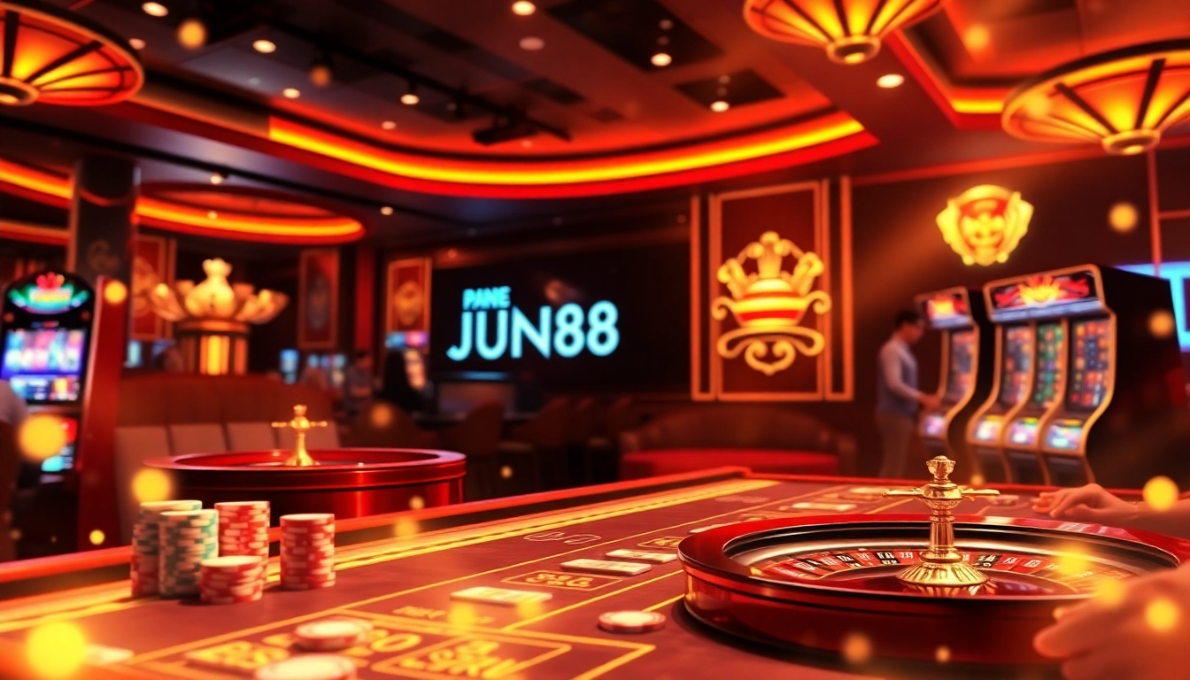 Engaging scene of Jun88 online casino with vibrant poker chips, roulette wheel, and digital slot machines.