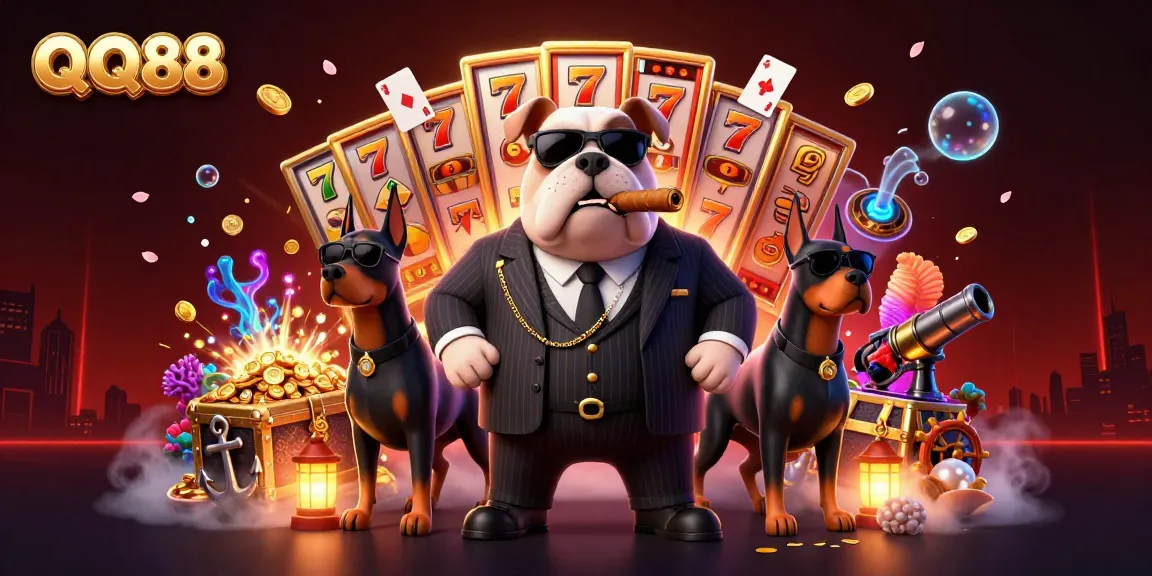 Experience thrilling action at QQ88 casino with a dynamic 3D illustration showcasing slots and a mafia boss.