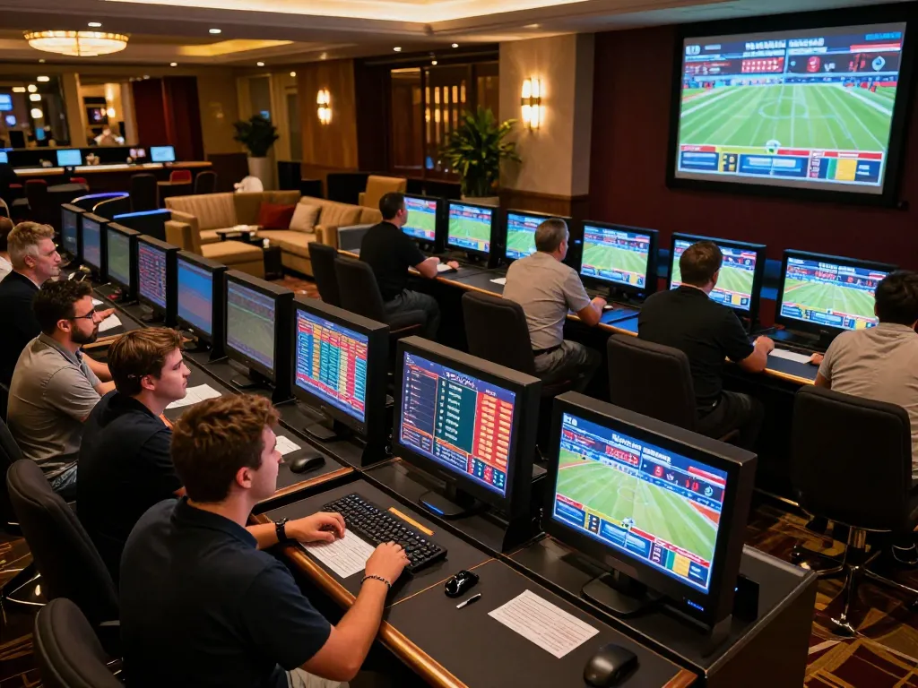 Bettors analyzing keo nha cai odds at a sports betting area in a luxurious casino environment