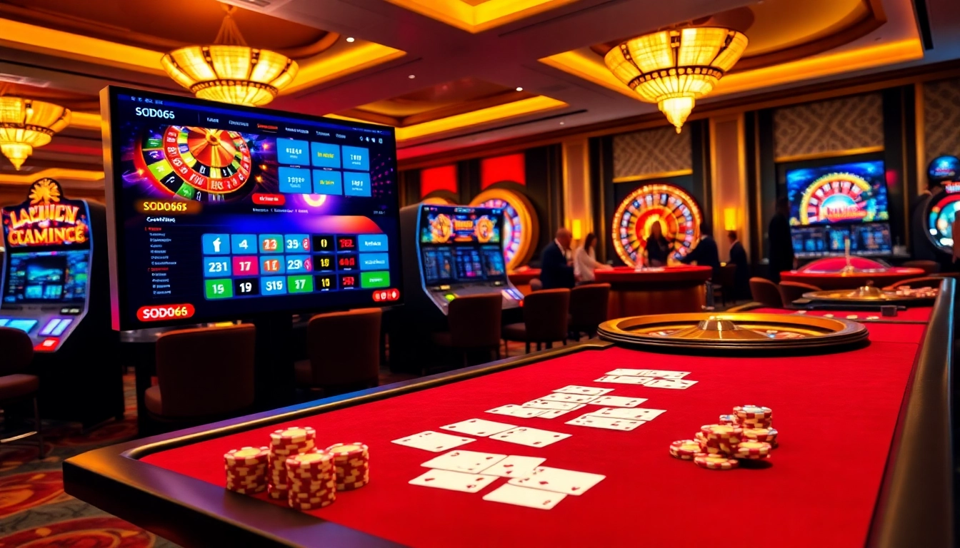 SODO66 online gambling scene with vibrant casino elements, showcasing poker and slots.
