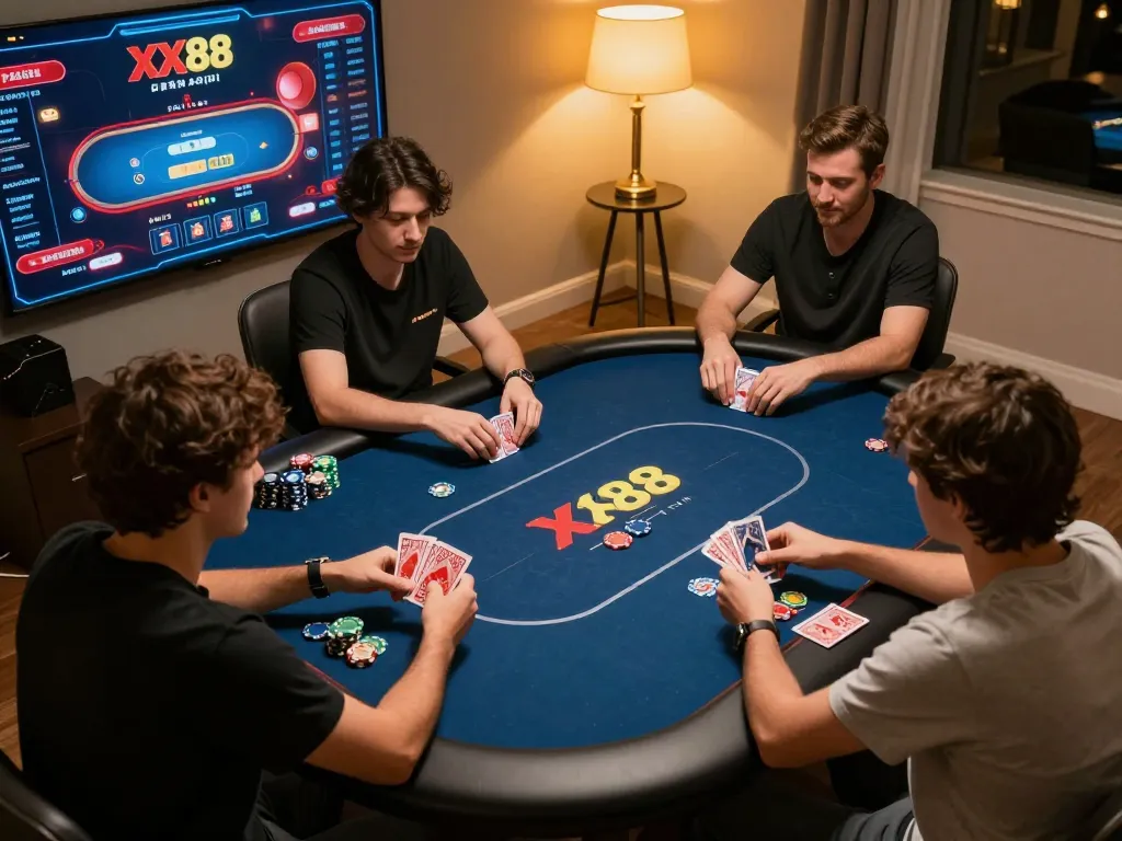 Players enjoying strategic poker gameplay on the XX88 online platform with vibrant digital tables and cozy ambiance.