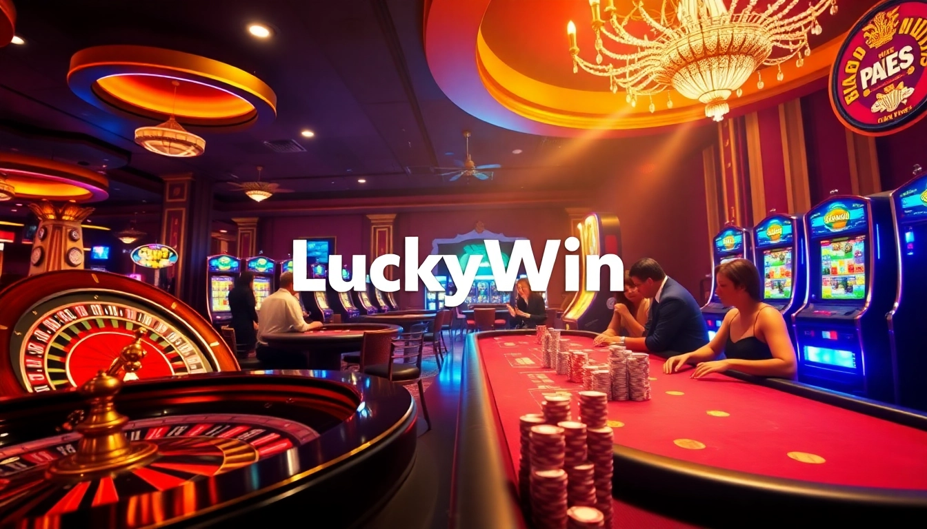 Players enjoying games at LuckyWin Casino with roulette, slots, and poker tables