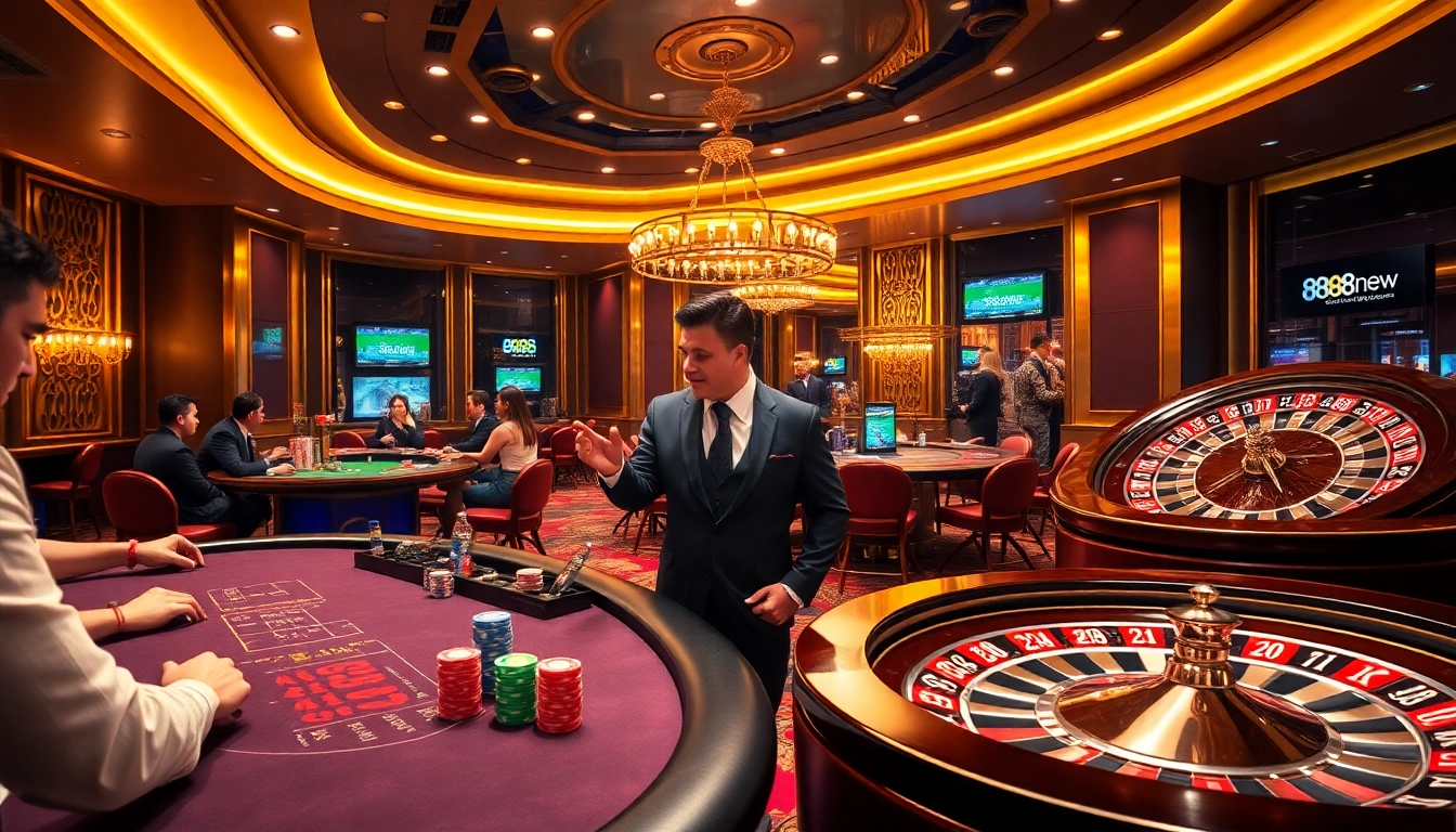 Engage with thrilling games at Trang chủ 888new, featuring blackjack and poker in a luxurious casino setting.