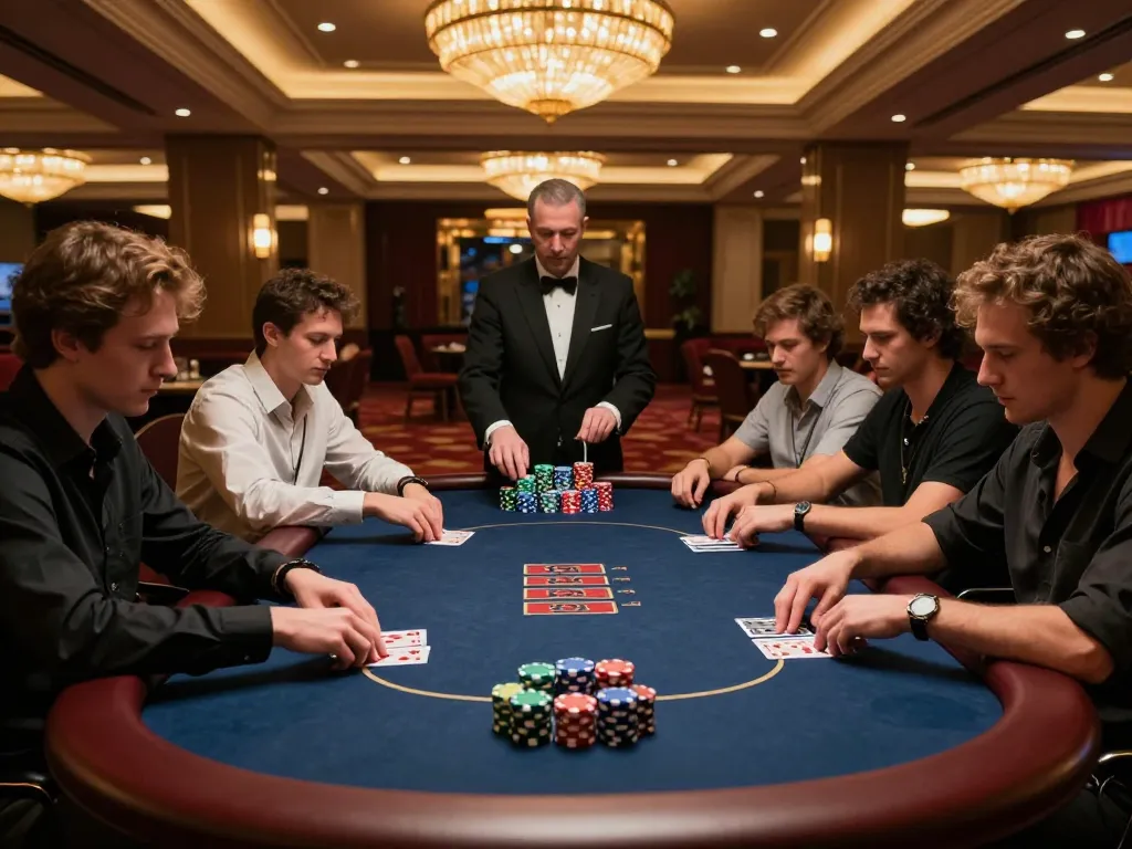 Kuwin players engaging in an intense poker game at an upscale casino table with colorful chips.