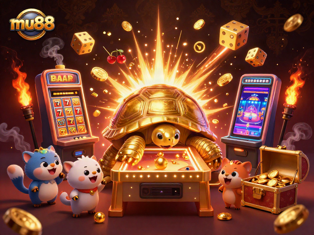 mu88 features a thrilling casino scene with a golden tortoise pinball machine amid exciting game elements.