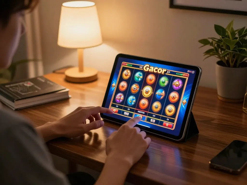 Engaging scene of a player preparing for a slot gacor game on a tablet at home, showcasing vibrant visuals and immersive atmosphere