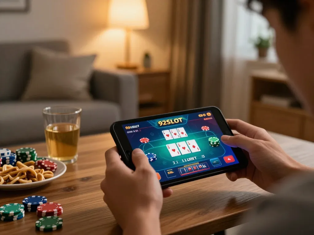 Player engages in online poker through 92SLOT mobile app, showcasing a lively home gaming atmosphere.