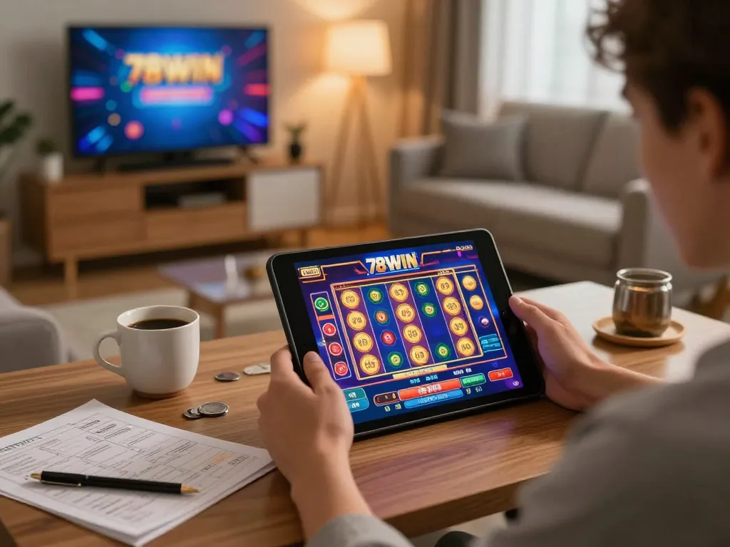 Player enjoys an exciting 78WIN casino experience on a tablet in a cozy setting.