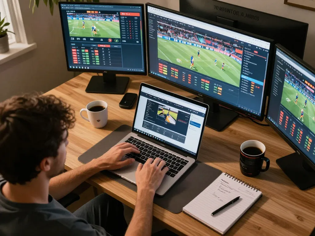 Watch cm88 live sports betting action at home, with a person analyzing odds and strategies.