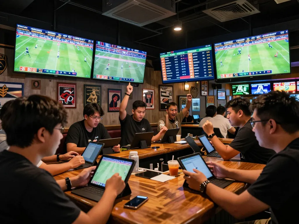 Tỷ Lệ Kèo Nhà Cái showcased in a lively sports betting atmosphere with engaged bettors and live games.