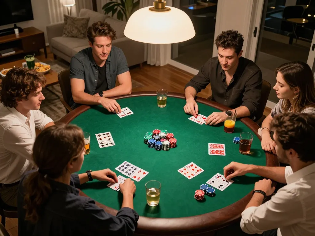 Players enjoying a poker game at home while using the vs555 casino app for strategies.