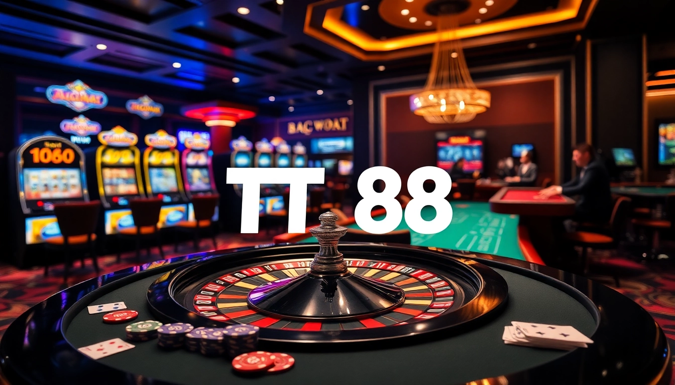 TT88 logo displayed at an upscale casino highlighting exciting gambling action.