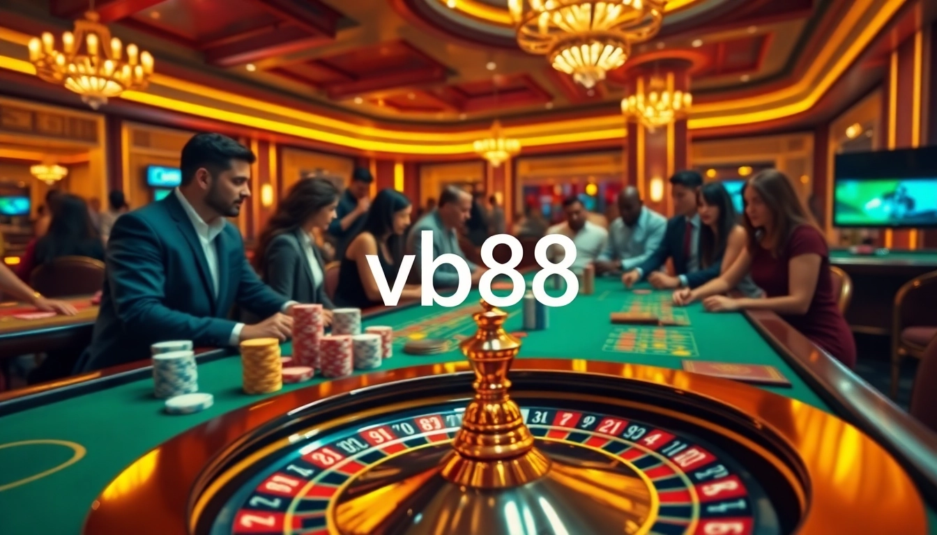 Players enjoying high-stakes action at vb88's luxurious online casino, featuring vibrant tables and chips.