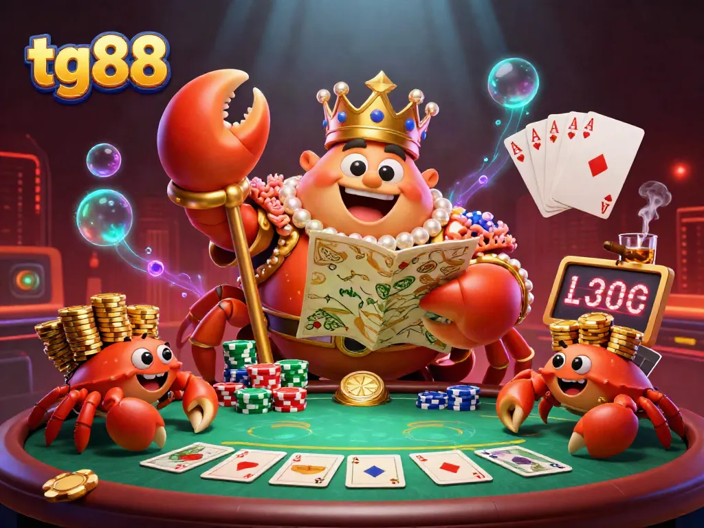 Experience the thrilling poker scene at tg88 with a golden crab emperor amid colorful chips and cards.