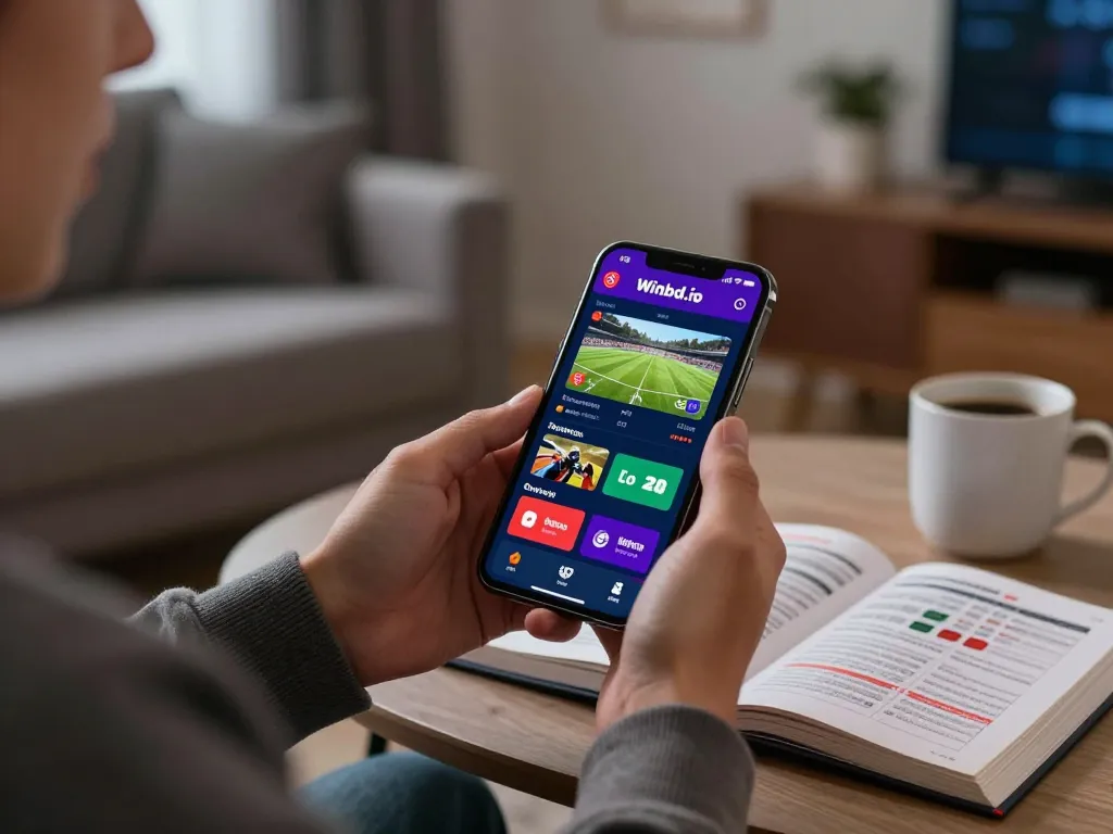 Engaging with Winbd.io betting app for sports betting in a cozy home environment.