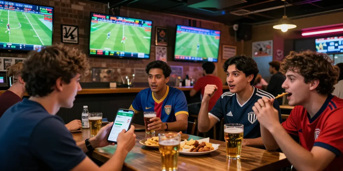 Fans engaging with tỷ lệ kèo in a lively sports bar during a football match.