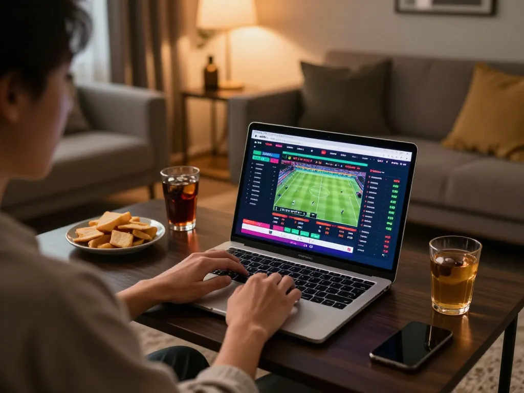 Player analyzing kèo nhà cái odds on a laptop in a stylish home setting, combining strategy and entertainment.