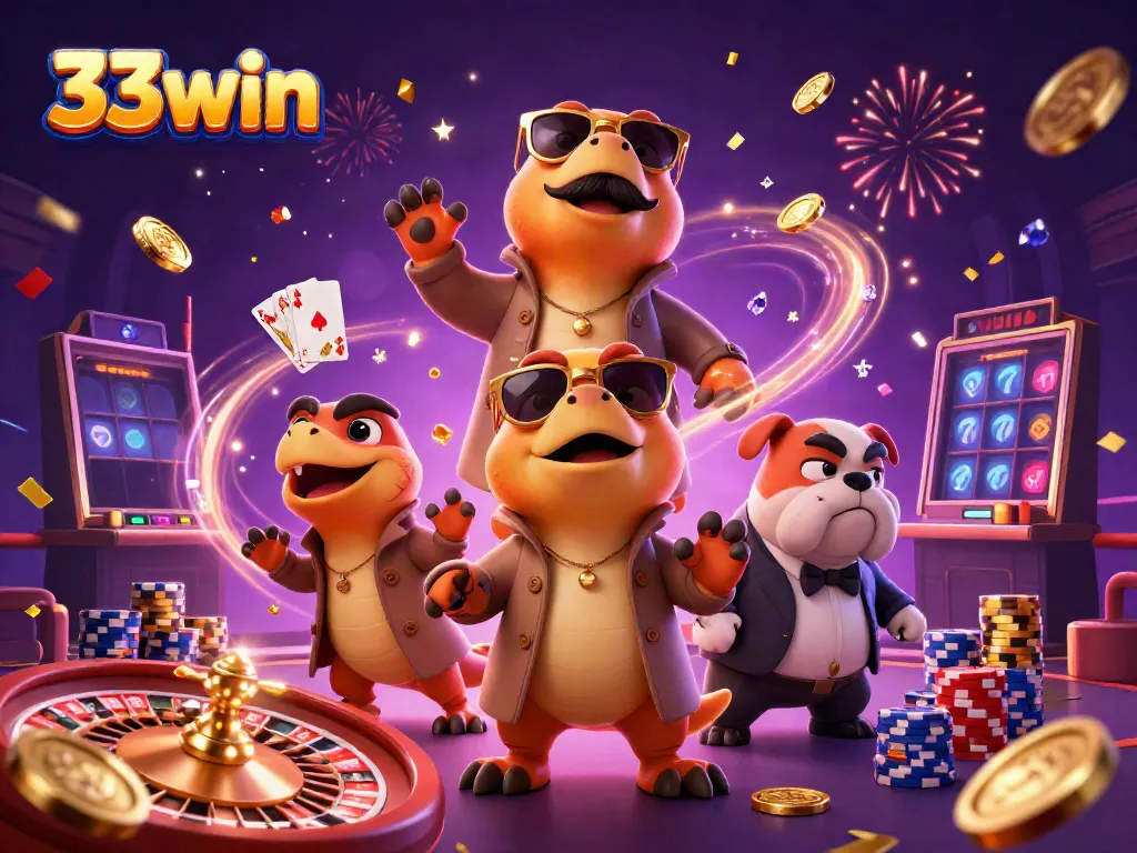 Three raptors in a trench coat amusingly trying to enter a VIP lounge at a casino, embodying the playful spirit of 33win.